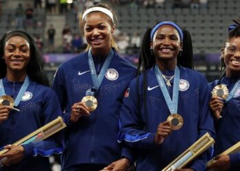 Medal ceremony for Team USA in the women's track and field 4x100m relay