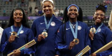 Medal ceremony for Team USA in the women's track and field 4x100m relay