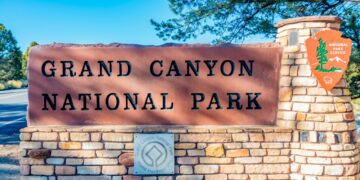 The entrance sign for Grand Canyon National Park in Arizona.