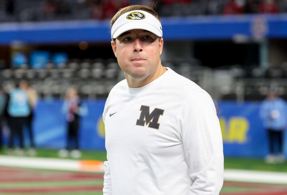 Dec 29, 2023; Arlington, TX, USA; Missouri Tigers head coach Eliah Drinkwitz before the game against the Ohio State Buckeyes at AT&T Stadium. Mandatory Credit: Kevin Jairaj-USA TODAY Sports