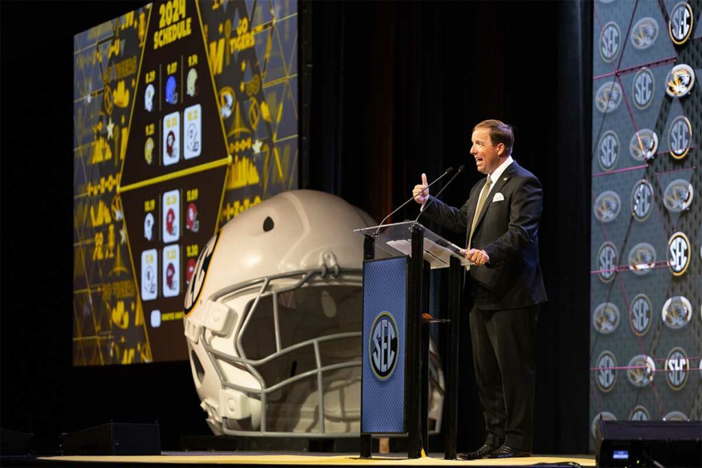 Missouri head coach Eliah Drinkwitz speaking at Omni Dallas Hotel.