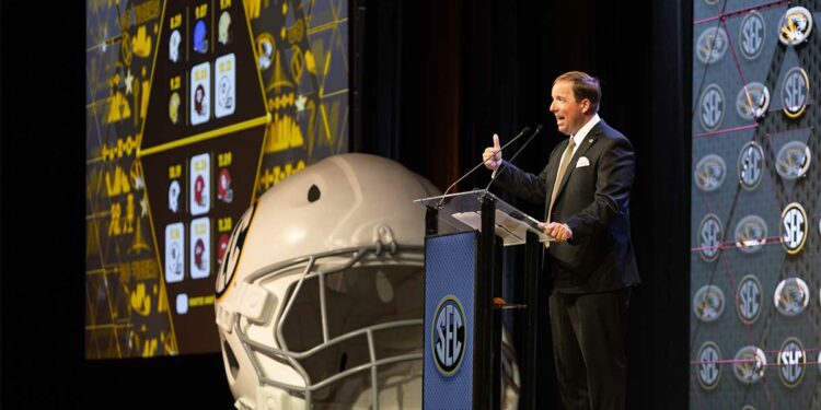 Missouri head coach Eliah Drinkwitz speaking at Omni Dallas Hotel.