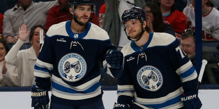 Apr 16, 2024; Columbus, Ohio, USA; Columbus Blue Jackets left wing Johnny Gaudreau (13) celebrates his goal against the Carolina Hurricanes during the second period at Nationwide Arena. Mandatory Credit: Russell LaBounty-USA TODAY Sports