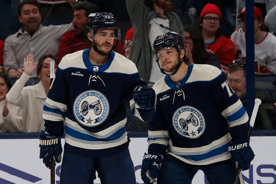 Apr 16, 2024; Columbus, Ohio, USA; Columbus Blue Jackets left wing Johnny Gaudreau (13) celebrates his goal against the Carolina Hurricanes during the second period at Nationwide Arena. Mandatory Credit: Russell LaBounty-USA TODAY Sports