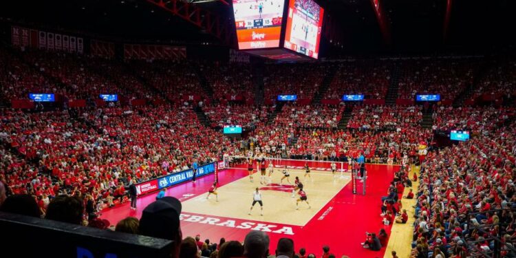 Oct 21, 2023; Lincoln, NE, USA; A record crowd watches the match between the Nebraska Cornhuskers and the Wisconsin Badgers at the Bob Devaney Sports Center. Mandatory Credit: Dylan Widger-USA TODAY Sports