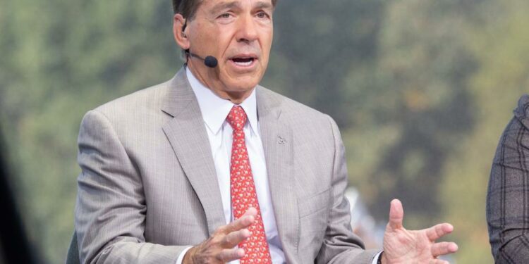 Alabama head coach Nick Saban joins the hosts of College GameDay ahead of the Tide’s game against LSU.