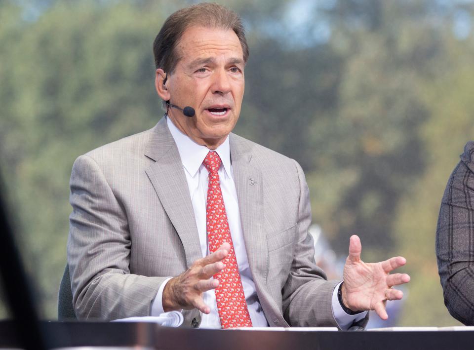 Alabama head coach Nick Saban joins the hosts of College GameDay ahead of the Tide’s game against LSU.