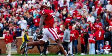 Apr 20, 2024; Norman, OK, USA; Oklahoma Sooners wide receiver Deion Burks (6) celebrates after catching a touchdown pass during the Oklahoma Sooners spring game at Gaylord Family OK Memorial Stadium. Mandatory Credit: Kevin Jairaj-USA TODAY Sports