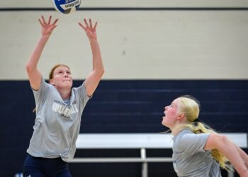 University of Northern Colorado's Syd Cole, left, sets the ball for her teammate while at practice on the UNC campus Thursday Aug. 8, 2024. Cole was the Big Sky Conference setter of the year in 2023 and a first-team all-conference selection for the second-straight year.(Jim Rydbom/Staff Photographer)