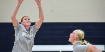 University of Northern Colorado's Syd Cole, left, sets the ball for her teammate while at practice on the UNC campus Thursday Aug. 8, 2024. Cole was the Big Sky Conference setter of the year in 2023 and a first-team all-conference selection for the second-straight year.(Jim Rydbom/Staff Photographer)