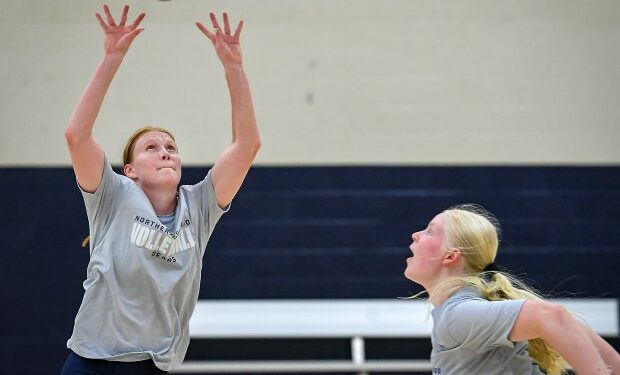 University of Northern Colorado's Syd Cole, left, sets the ball for her teammate while at practice on the UNC campus Thursday Aug. 8, 2024. Cole was the Big Sky Conference setter of the year in 2023 and a first-team all-conference selection for the second-straight year.(Jim Rydbom/Staff Photographer)