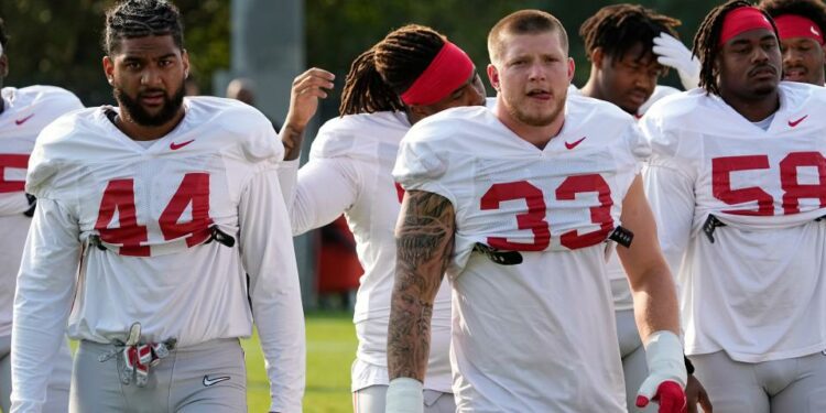 Aug 8, 2024; Columbus, Ohio, USA; Ohio State Buckeyes defensive ends JT Tuimoloau (44) and Jack Sawyer (33) warm up during football practice at the Woody Hayes Athletic Complex.