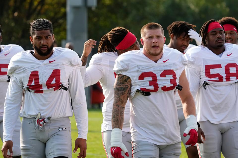 Aug 8, 2024; Columbus, Ohio, USA; Ohio State Buckeyes defensive ends JT Tuimoloau (44) and Jack Sawyer (33) warm up during football practice at the Woody Hayes Athletic Complex.