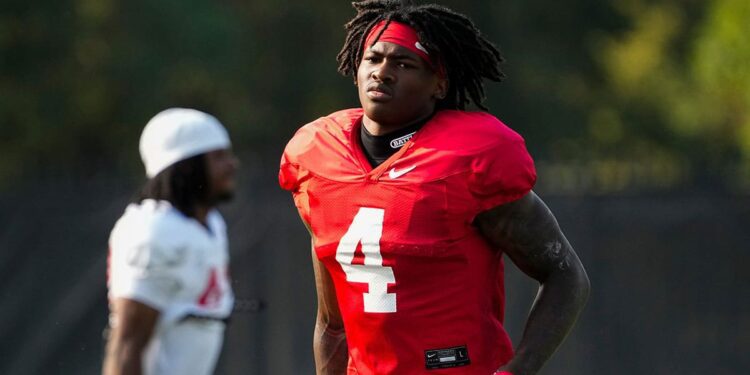 Ohio State Buckeyes wide receiver Jeremiah Smith (4) runs during football practice at the Woody Hayes Athletic Complex.