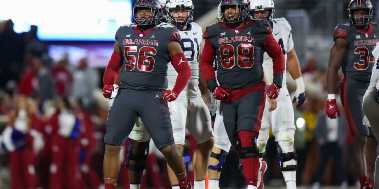 Nov 11, 2023; Norman, Oklahoma, USA; Oklahoma Sooners defensive lineman Gracen Halton (56) reacts during the second half against the West Virginia Mountaineers at Gaylord Family-Oklahoma Memorial Stadium. Mandatory Credit: Kevin Jairaj-USA TODAY Sports