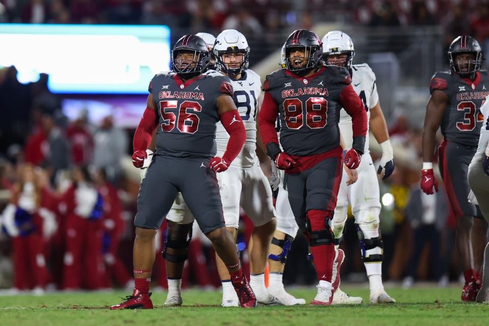 Nov 11, 2023; Norman, Oklahoma, USA; Oklahoma Sooners defensive lineman Gracen Halton (56) reacts during the second half against the West Virginia Mountaineers at Gaylord Family-Oklahoma Memorial Stadium. Mandatory Credit: Kevin Jairaj-USA TODAY Sports