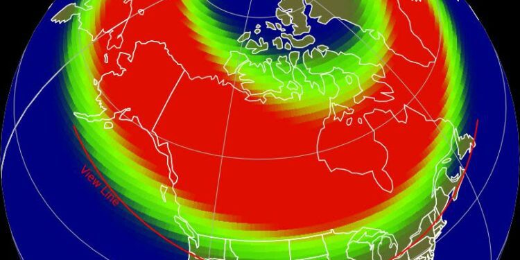 A graphic from NOAA illustrating the chances of seeing the Northern Lights tomorrow, the night of Aug. 10. At the same time, stargazers could possibly spot the ongoing Perseid meteor shower.