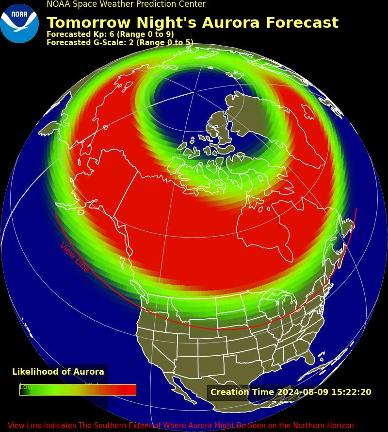 A graphic from NOAA illustrating the chances of seeing the Northern Lights tomorrow, the night of Aug. 10. At the same time, stargazers could possibly spot the ongoing Perseid meteor shower.