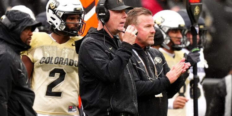 Apr 27, 2024; Boulder, CO, USA; Colorado Buffaloes offensive coordinator Pat Shurmur during a spring game event at Folsom Field. Mandatory Credit: Ron Chenoy-USA TODAY Sports