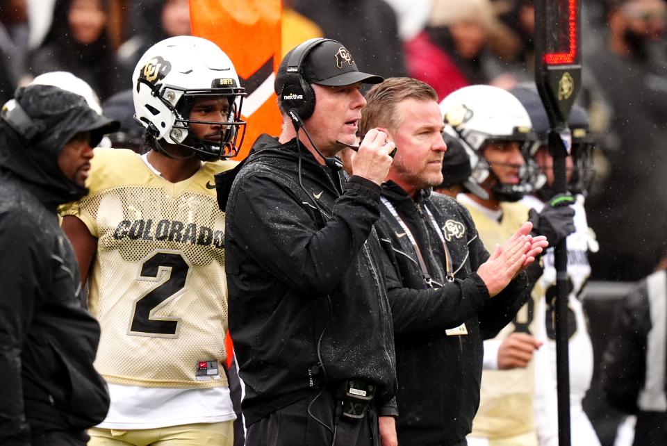 Apr 27, 2024; Boulder, CO, USA; Colorado Buffaloes offensive coordinator Pat Shurmur during a spring game event at Folsom Field. Mandatory Credit: Ron Chenoy-USA TODAY Sports