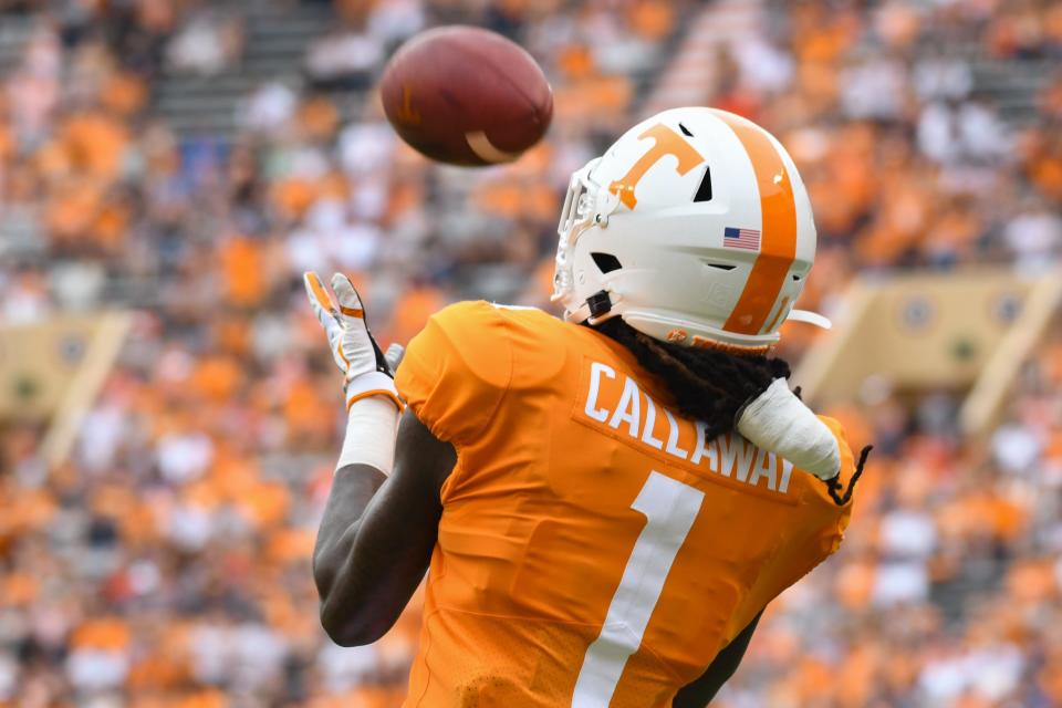 Sep 14, 2019; Knoxville, TN, USA; Tennessee Volunteers wide receiver Marquez Callaway (1) catches a touchdown pass in the end zone against the Chattanooga Mocs during the first half at Neyland Stadium. Mandatory Credit: Randy Sartin-USA TODAY Sports