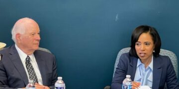 At right, Prince George’s County Executive Angela Alsobrooks, a Democratic candidate for United States Senate, speaks during a discussion with Jewish community leaders in Pikesville, Maryland on June 17, 2024. At left, U.S. Sen. Ben Cardin, D-Md., listens.