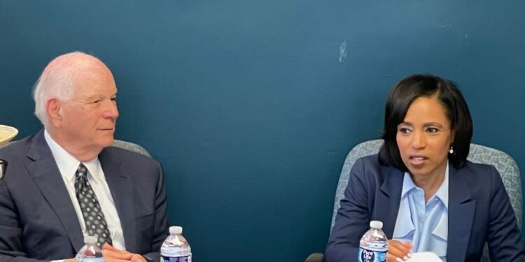 At right, Prince George’s County Executive Angela Alsobrooks, a Democratic candidate for United States Senate, speaks during a discussion with Jewish community leaders in Pikesville, Maryland on June 17, 2024. At left, U.S. Sen. Ben Cardin, D-Md., listens.