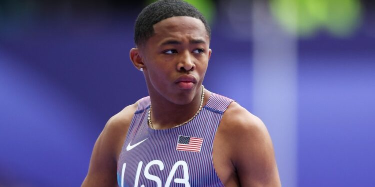 Quincy Wilson looks on during the Men's 4 x 400m Relay Round 1 on day fourteen of the Olympic Games in Paris 2024.