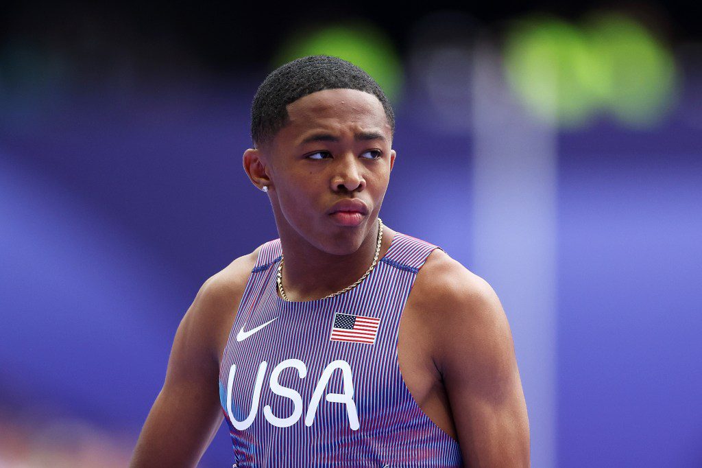 Quincy Wilson looks on during the Men's 4 x 400m Relay Round 1 on day fourteen of the Olympic Games in Paris 2024.