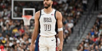 Jul 10, 2024; Las Vegas, Nevada, USA; USA forward Jayson Tatum (10) looks on in the third quarter against Canada in the USA Basketball Showcase at T-Mobile Arena. Mandatory Credit: Candice Ward-USA TODAY Sports