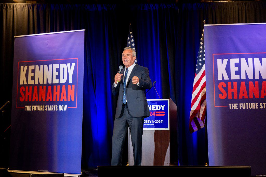 Presidential candidate Robert F. Kennedy Jr. speaking on stage at a campaign rally at Brazos Hall in Austin, Texas, 2024