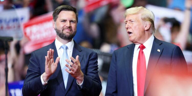 Republican presidential nominee Donald Trump campaigns for the first time with his chosen running mate, Sen. JD Vance of Ohio, in Grand Rapids, Mich., on July 20, 2024.