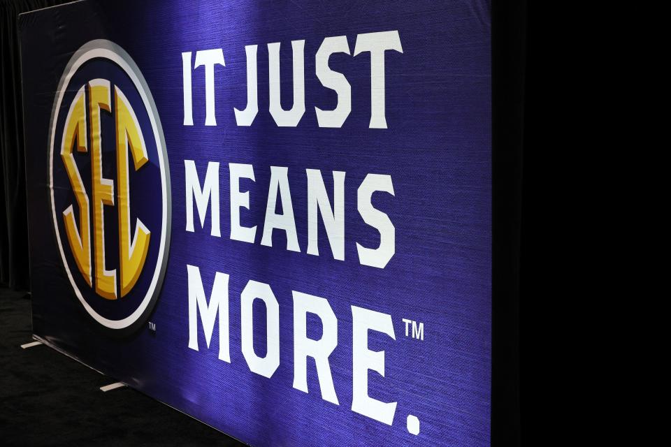 NASHVILLE, TENNESSEE - MARCH 13: Preview pictures of logos before the start of the first round of the SEC Basketball Tournament at Bridgestone Arena on March 13, 2024 in Nashville, Tennessee. (Photo by Andy Lyons/Getty Images)