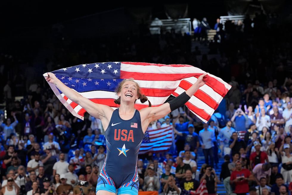 United State's Sarah Hildebrandt celebrates after defeating Cuba's Yusneylis Guzman in their...