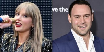 Photos show Taylor Swift, left, and Scooter Braun.