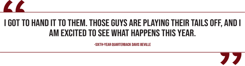 A graphic containing a quote from South Carolina sixth-year quarterback David Beville reads,