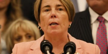 Boston, MA - Gov. Maura Healey speaks before signing a bill protecting firefighters from toxic chemicals . (Nancy Lane/Boston Herald)