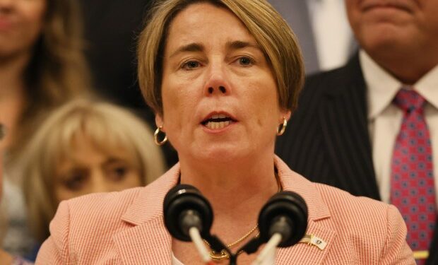 Boston, MA - Gov. Maura Healey speaks before signing a bill protecting firefighters from toxic chemicals . (Nancy Lane/Boston Herald)