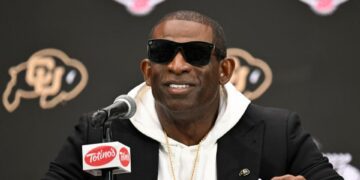 Jul 10, 2024; Las Vegas, NV, USA; Colorado Buffaloes head coach Deion Sanders speaks to the media during the Big 12 Media Days at Allegiant Stadium. Mandatory Credit: Candice Ward-USA TODAY Sports