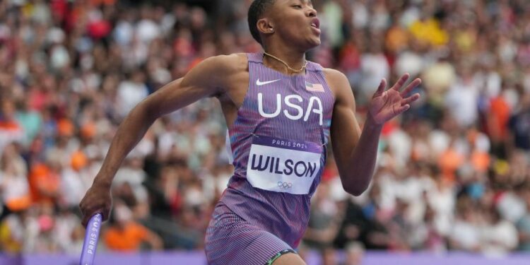 Aug 9, 2024; Saint-Denis, FRANCE; Quincy Wilson (USA) in the men's 4x400m relay heats during the Paris 2024 Olympic Summer Games at Stade de France. Mandatory Credit: Kirby Lee-USA TODAY Sports