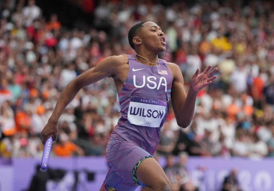 Aug 9, 2024; Saint-Denis, FRANCE; Quincy Wilson (USA) in the men's 4x400m relay heats during the Paris 2024 Olympic Summer Games at Stade de France. Mandatory Credit: Kirby Lee-USA TODAY Sports