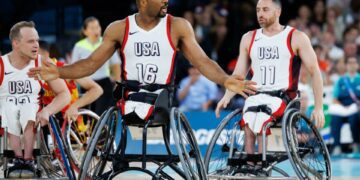 Trevon Jenifer of Team USA celebrates after scoring in the game against Spain during the Paris 2024 Paralympic Summer Games at Bercy Arena.