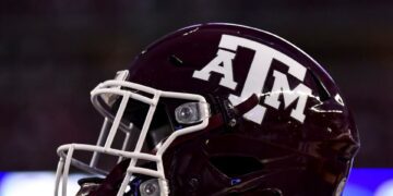 Oct 23, 2021; College Station, Texas, USA; Texas A&M Aggies helmet on the sideline during the game against the South Carolina Gamecocks at Kyle Field. Mandatory Credit: Maria Lysaker-USA TODAY Sports