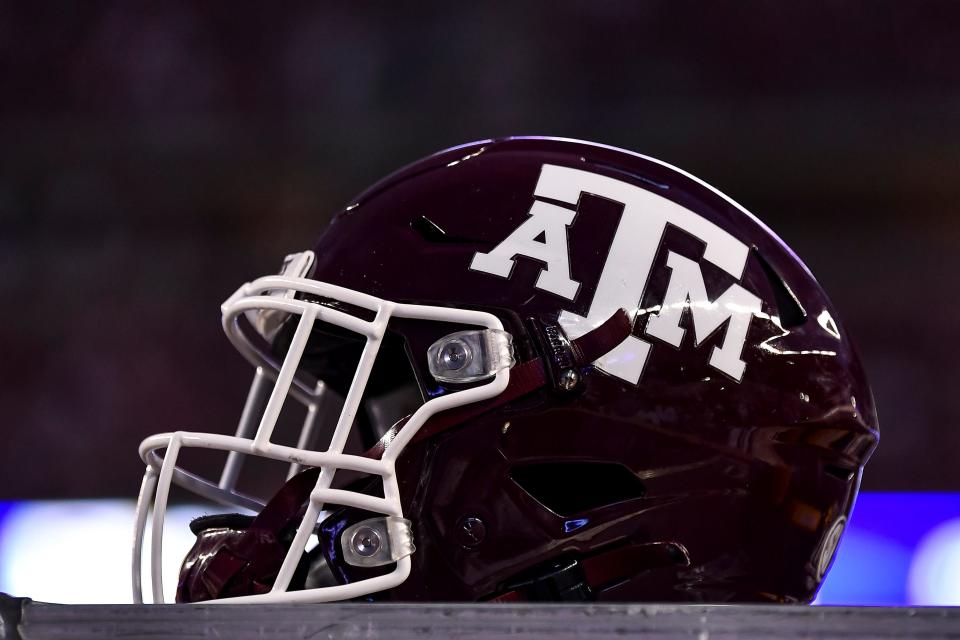 Oct 23, 2021; College Station, Texas, USA; Texas A&M Aggies helmet on the sideline during the game against the South Carolina Gamecocks at Kyle Field. Mandatory Credit: Maria Lysaker-USA TODAY Sports