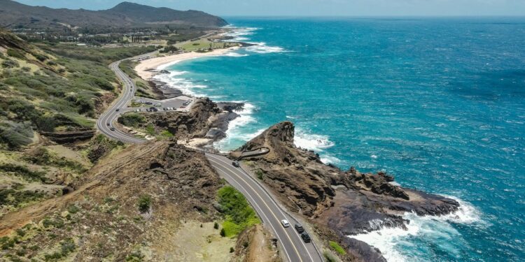 Aerial view of Kalanianaole Hwy and Honolulu coastline, Oahu, Hawaii