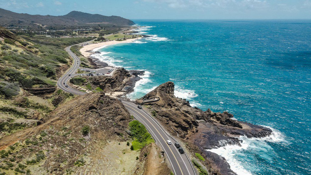 Aerial view of Kalanianaole Hwy and Honolulu coastline, Oahu, Hawaii