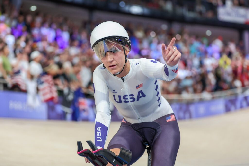 Picture by Alex Whitehead/SWpix.com - 07/08/2024 - Paris 2024 Olympic Games - Track Cycling - National Velodrome, Saint-Quentin-en-Yvelines, France - Womenâs Team Pursuit Final For Gold - Jennifer Valente, Lily Williams, Chloe Dygert, Kristen Faulkner (USA) celebrates winning the Women's Team Pursuit Final to become Olympic Champion