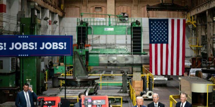 Former U.S. President Donald Trump delivering policy remarks on the economy at Precision Components Group factory in York, Pennsylvania