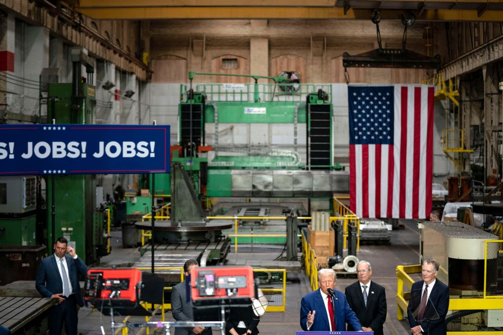 Former U.S. President Donald Trump delivering policy remarks on the economy at Precision Components Group factory in York, Pennsylvania