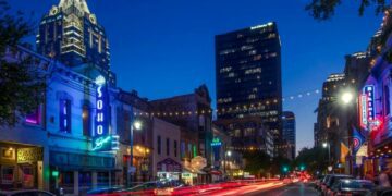 Austin's entertainment district at night.